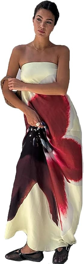Women Sexy Strapless Print Floral Belt Maxi Dress Backless Vacation Dress Loose Elegant Party | Amazon (US)