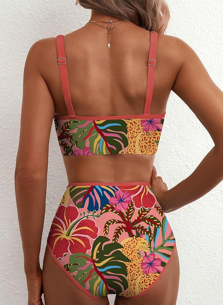 Herseas Women's 2 Piece Floral Print Bikini Sets V Neck Stitch Swimsuits High Waisted Bathing Sui... | Amazon (US)