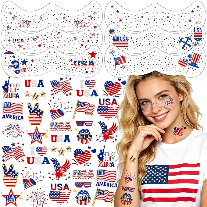 4th of July Glitter Freckle Tattoos, Patriotic Temporary Tattoos Stickers, 4th of July Accessorie... | Amazon (US)