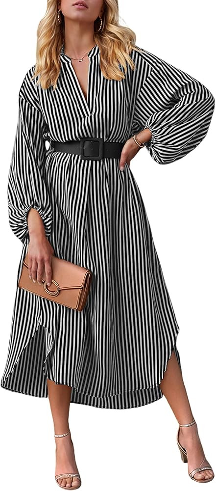 Shirt Dresses for Women 2025 Striped Fall Long Sleeve V Neck Midi Dress Loose Business Casual Shi... | Amazon (US)