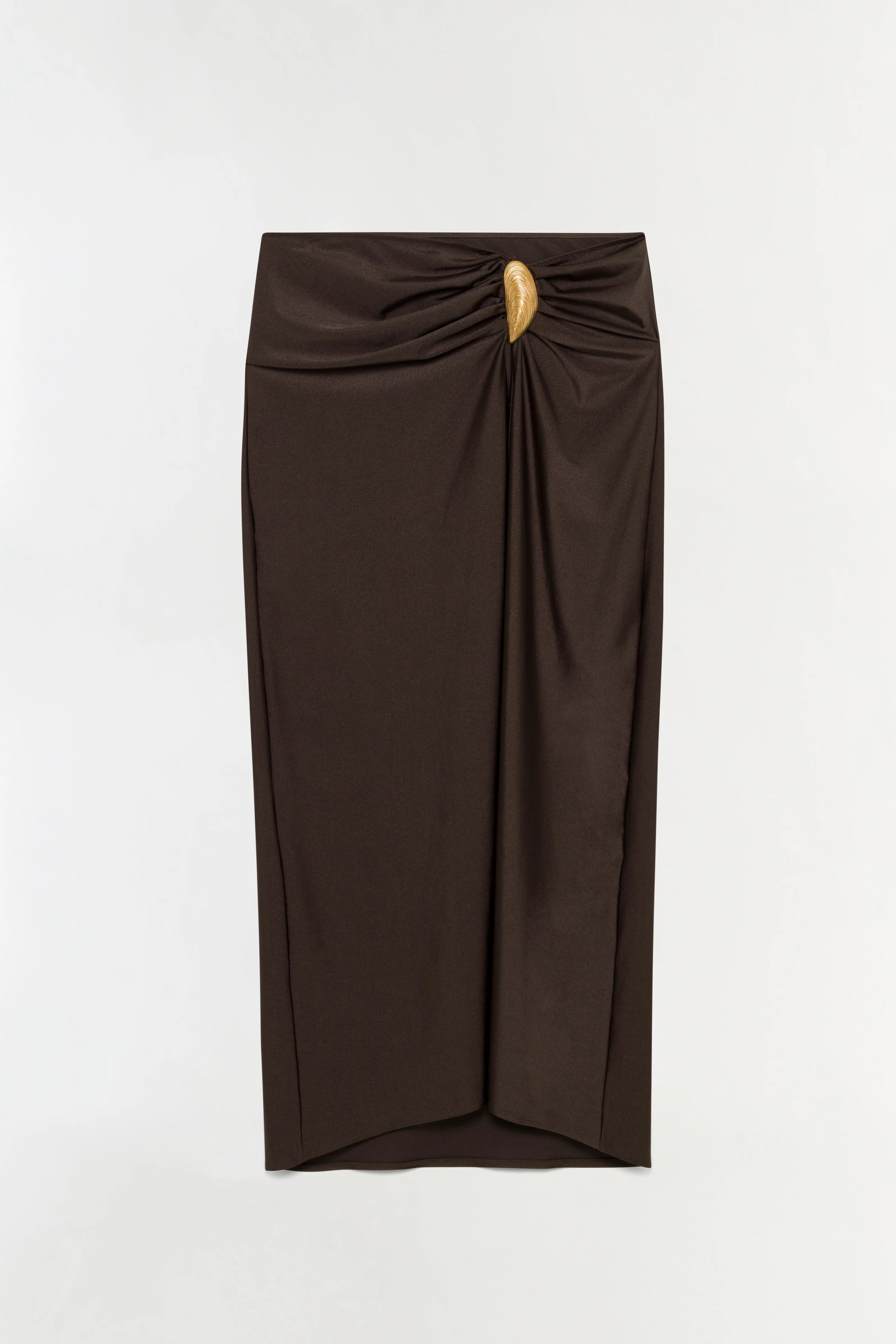 SIMKHAI Women's Eiana Shell Midi Skirt in Chocolate, Satin, Size Small | Simkhai