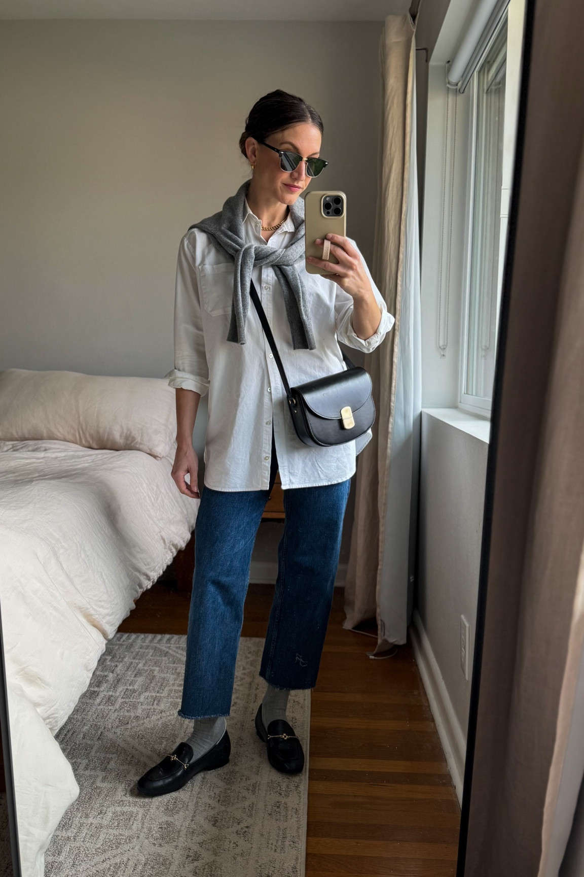 Daily Look 12.16

Sèzane shirt, 0, I sized down. Quince sweater, XS, TTS. Everlane jeans, 24, I took my smaller size. Larroude loafers, TTS with room for thin socks. Madewell socks, sold out, similar linked. Sèzane bag. Quince sunglasses. Makena Hoops, Herringbone Necklace, and Parker Necklace from Sela Designs, ASHLEYROHR10 for 10% off  

#LTKSeasonal #LTKOver40 #LTKStyleTip
