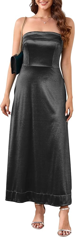 MAKABO Satin Strapless Tube Dress Elegant Formal Maxi Backless Dress with Pockets for Wedding Gue... | Amazon (US)