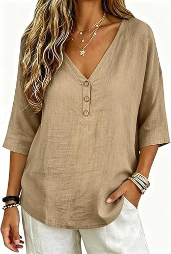 women linen tops boho shirts for women Linen Cotton Tops for Women Casual Summer Gauze Tunic Blouse 3/4 Sleeve V Neck Peasant Button Down Oversized Lightweight Loose fit Shirts Beach Vacation Tees | Amazon (US)