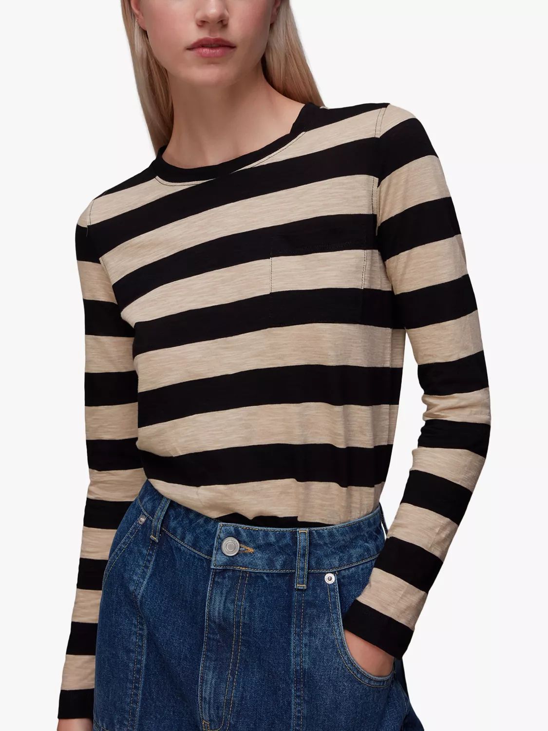 Whistles Stripe Chest Pocket Long Sleeve T-Shirt, Black/Beige | John Lewis (UK)