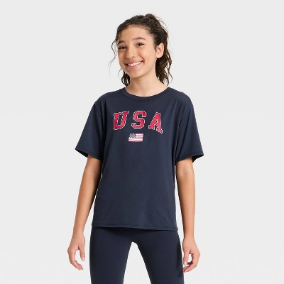 Girls' Fourth of July 'USA' Graphic Active T-Shirt - All In Motion™ Navy Blue L | Target