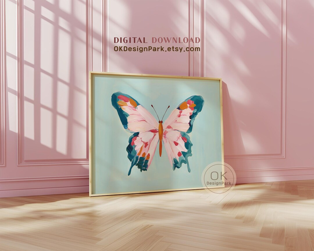 Colorful Butterfly Printable Wall Art | Pastel Pink Teal Nursery Decor | Girls Room Butterfly Pai... | Etsy (US)