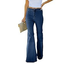 Sidefeel Women Destroyed Flare Jeans Elastic Waist Bell Bottom Raw Hem Denim Pants | Amazon (US)