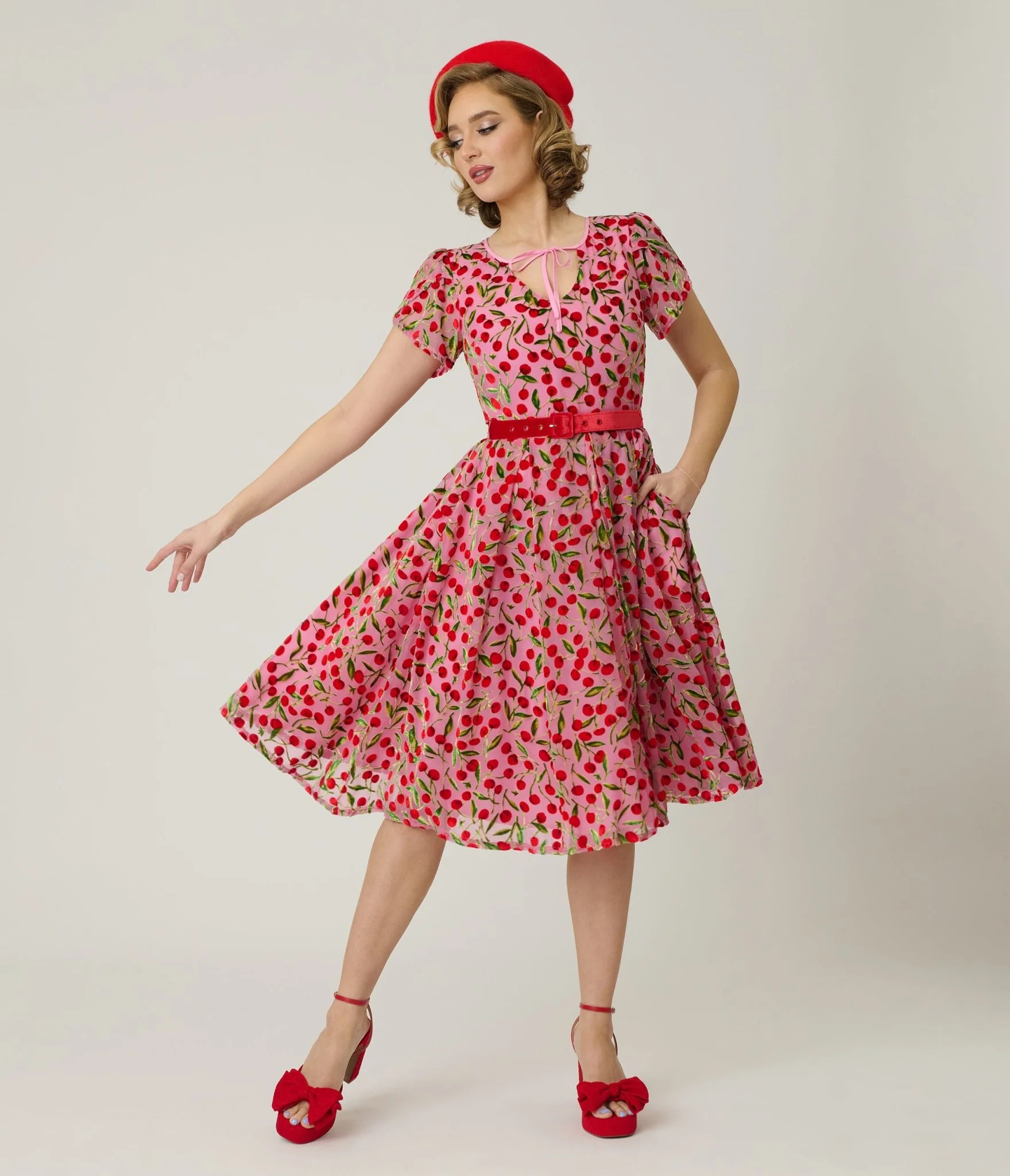 Unique Vintage Pink Velvet Cherries Dahlia Swing Dress | Unique Vintage - North America