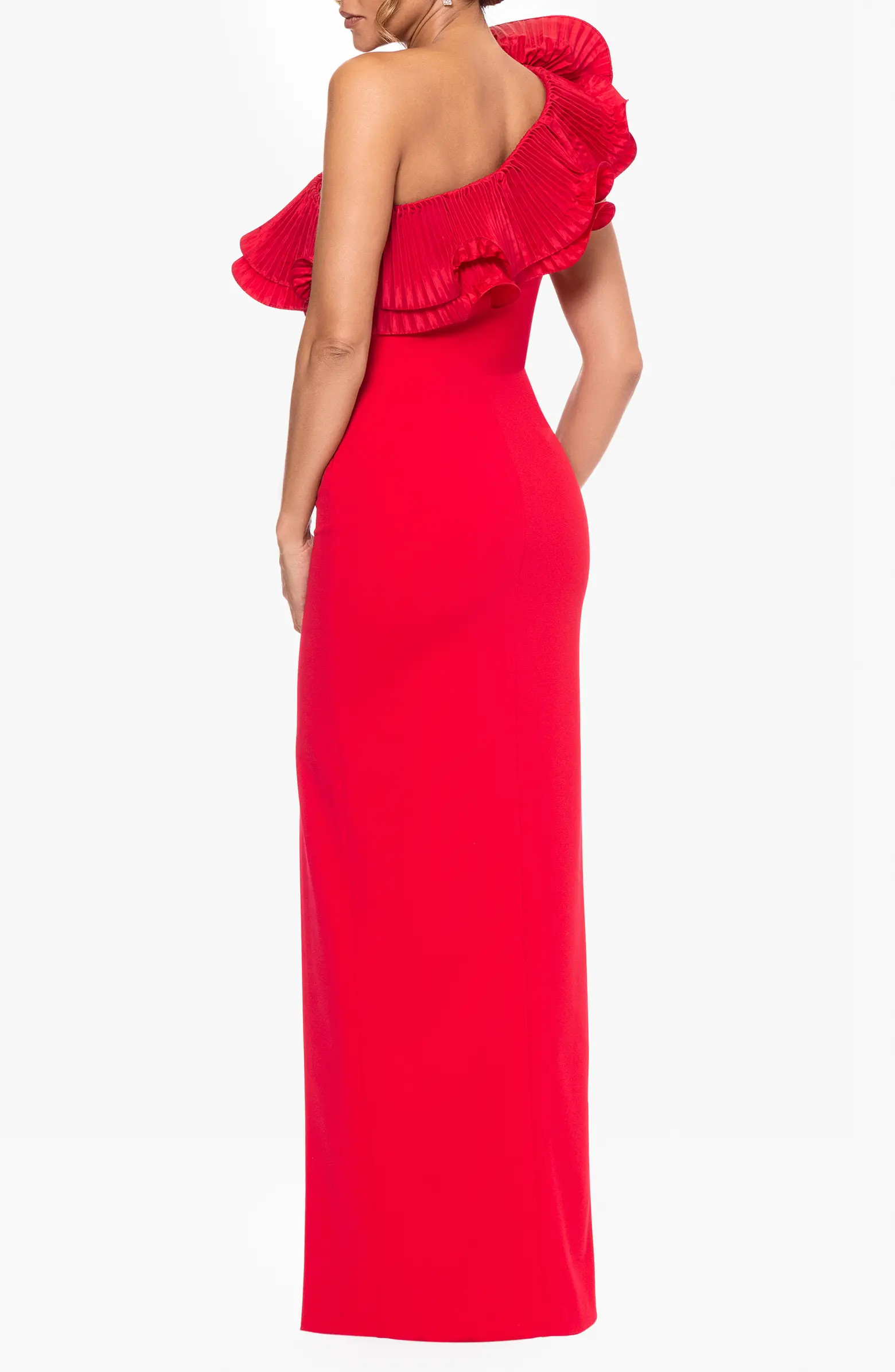 Pleated Ruffle One-Shoulder Scuba Crepe Column Gown | Nordstrom