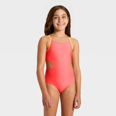 Girls' Sleeveless Colorblock One Piece Swimsuit - Cat & Jack™ Coral Pink | Target