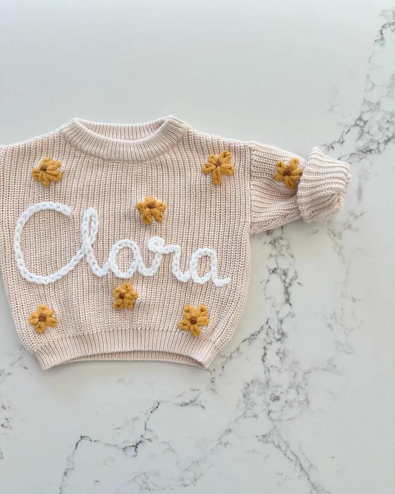 Hand Embroidered Baby/toddler Name Sweater in Cream With White Yarn and Yellow Flowers - Etsy | Etsy (US)