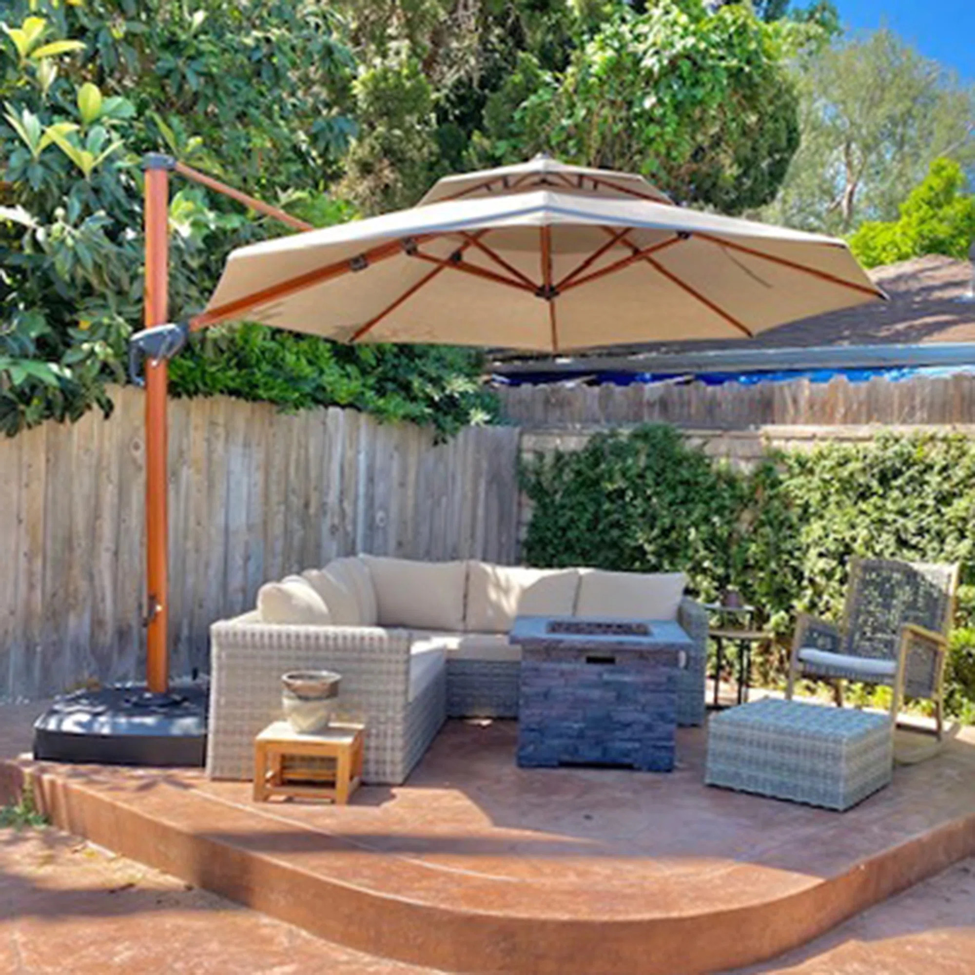 132'' Round Large Outdoor Wood Pattern Cantilever Umbrella With Wheeled Base,Beige | Wayfair North America