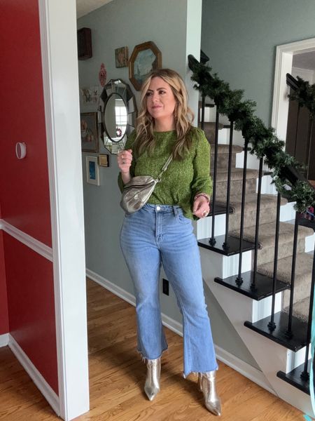 Outfit #3 of styling holiday outfits ❤️ In an effort to feel like myself and keep myself out of sweatpants. Here we go with a metallic green top and light wash jeans and metallic accessories for Xmas Eve 

#LTKstyletip #LTKHoliday #LTKfindsunder100