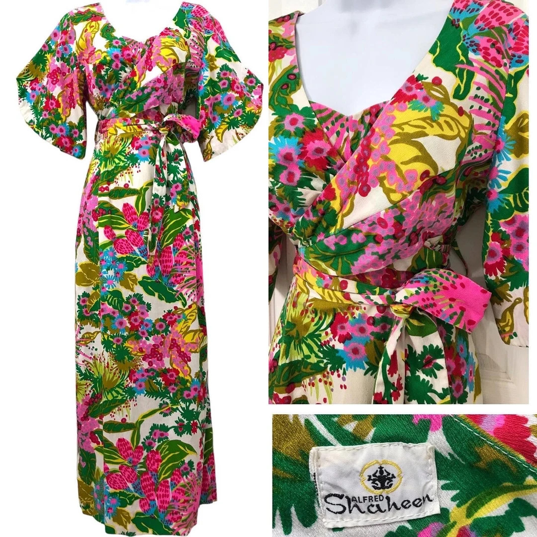 Vintage Alfred Shaheen Kimono Inspired Bell Sleeve Tiki Maxi Wrap Dress 1960s 1970s 60s 70s Hoste... | Etsy (US)