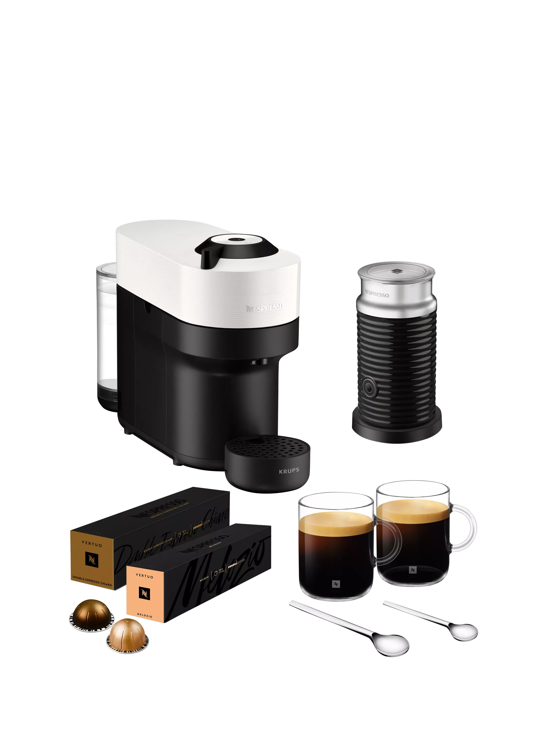 Nespresso Vertuo Barista Bundle Pop Coffee Machine by KRUPS with Milk Frother & Mugs, White | John Lewis (UK)