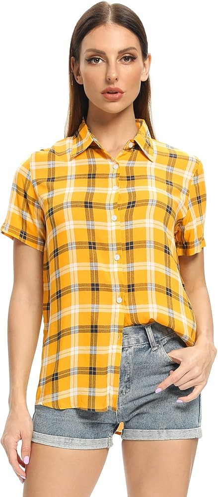 OCHENTA Women's Short Sleeve Plaid Button Down Shirt Button up Blouses Casual Summer Tops | Amazon (US)