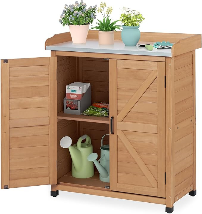 Outdoor Storage Cabinet & Potting Bench Table with Metal Top, Wooden Patio Furniture, Garden Work... | Amazon (US)