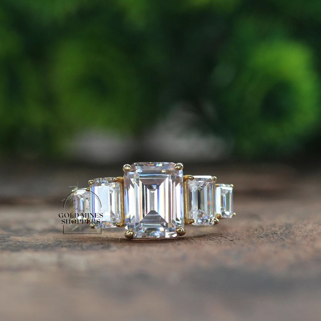 Five Stone Diamond Wedding Ring, Emerald Cut Engagement Ring, Anniversary Gift, Yellow Gold Anniv... | Etsy (US)