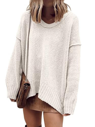 ANRABESS Women's Oversized Casual Loose Slouchy Scoop V Neck Batwing Long Sleeve Knit 2025 Fall Pullover Sweaters White Large | Amazon (US)