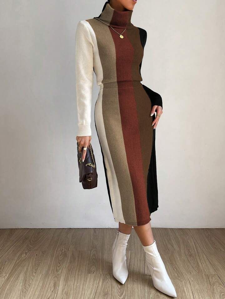 SHEIN Privé Colorblock Turtleneck Sweater Dress | SHEIN