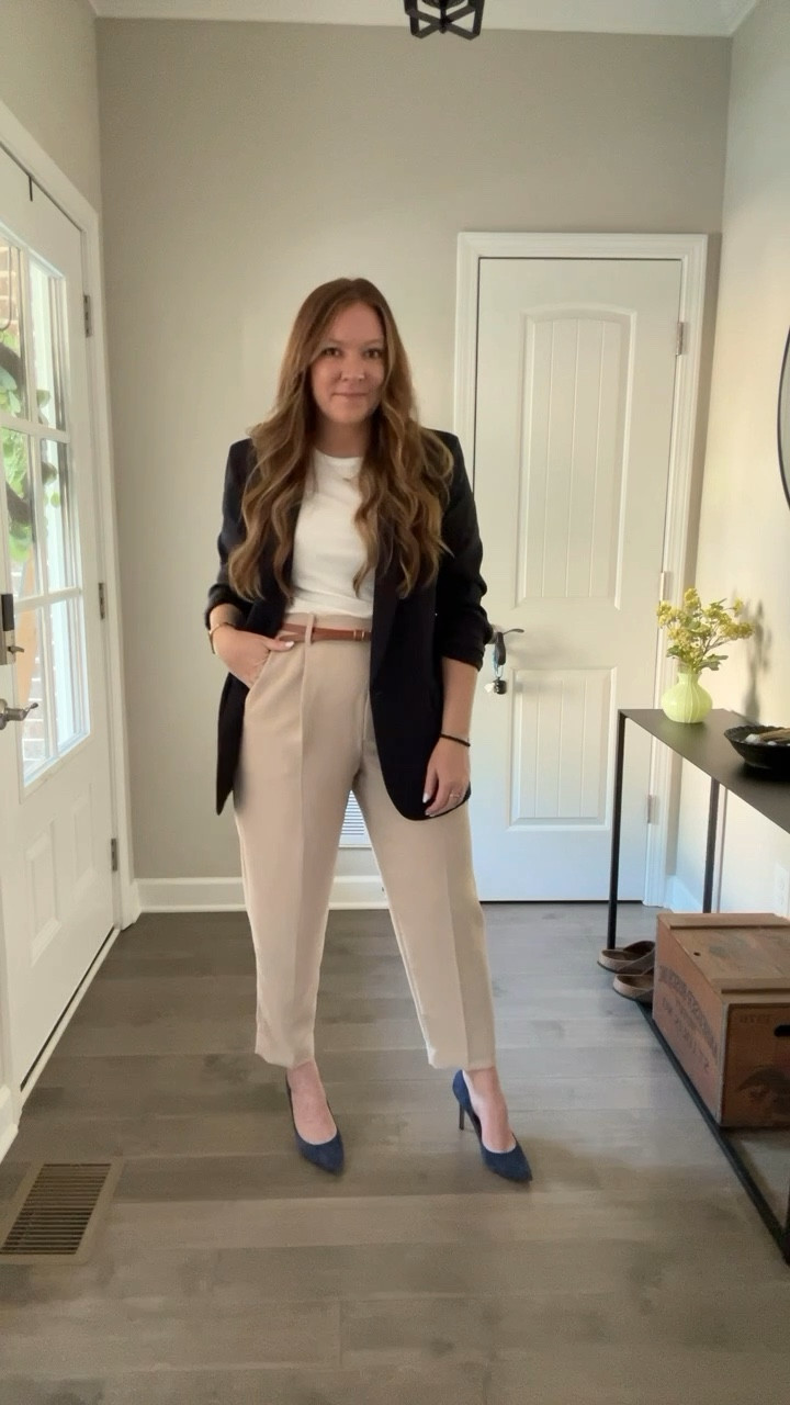 White tee - tts wearing a medium 
Navy boyfriend blazer - tts wearing  an 8
Tan ankle pants - sized up to a 10 but would be ok in my true 8
Navy suede pumps - tts wearing a 7
Evil eye necklace and bracelet 
Silver ring 
Brown skinny belt pack 


#LTKFindsUnder100 #LTKWatchNow #LTKWorkwear