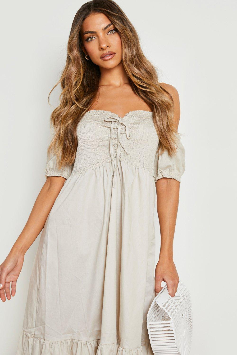 Off Shoulder Cotton Shirred Midi Dress | Boohoo.com (US & CA)
