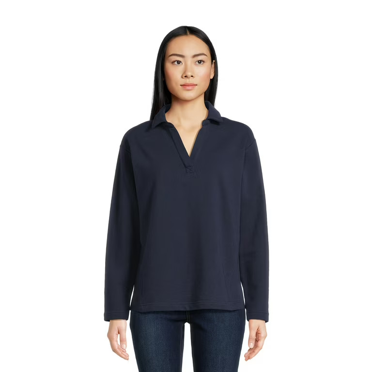 Time and Tru Women's Split Neck Long Sleeve Collared Sweatshirt with Contrast Rib Side Panels XS-... | Walmart (US)