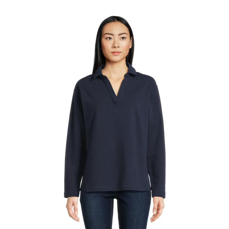 Time and Tru Women's Split Neck Long Sleeve Collared Sweatshirt with Contrast Rib Side Panels XS-... | Walmart (US)