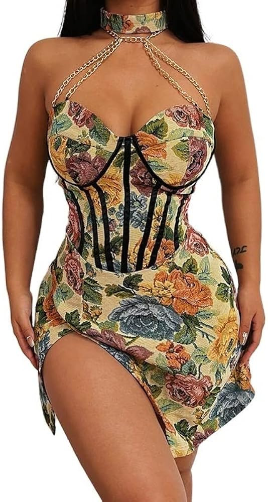 French Retro Print Tube top Tunic Dress Spring Women's Body-Fitting Halter Neck Skirt | Amazon (US)