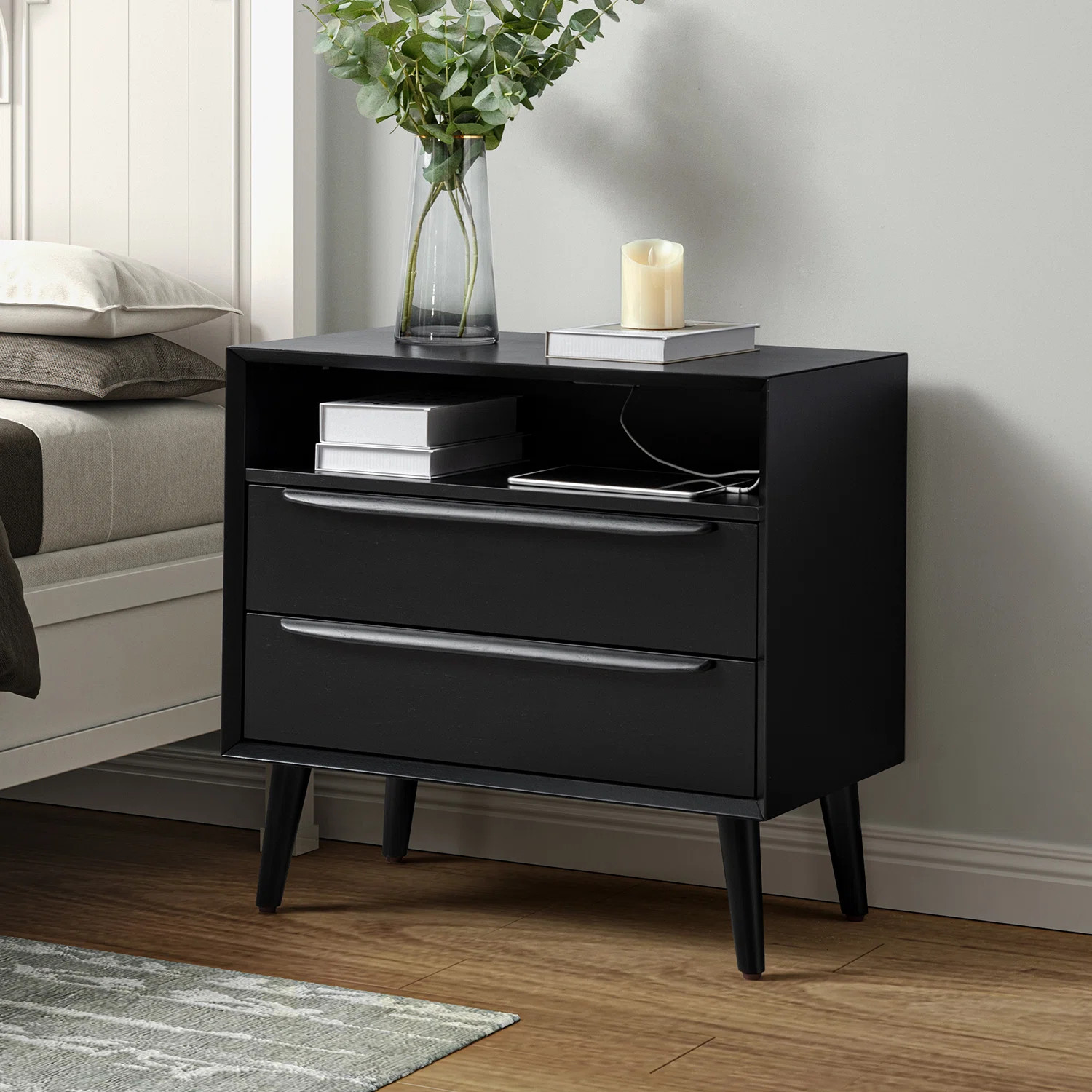Aviannah Midcentury Modern 2 - Drawer Nightstand with Built-In Charging Station and Rubber Wood L... | Wayfair North America