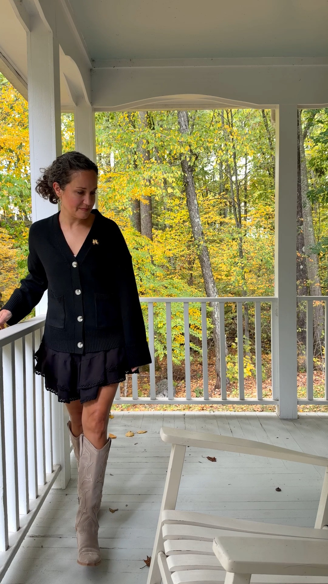 Simple black autumn outfit~ cardigan and ruffle skort from Amazon. I esteem boots are Dolce Vita. 
Style over 40; fall outfit