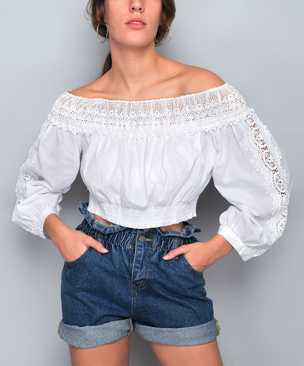 Tarifa Women's Blouses WHITE - White Crochet Off-Shoulder Crop Top - Women | Zulily