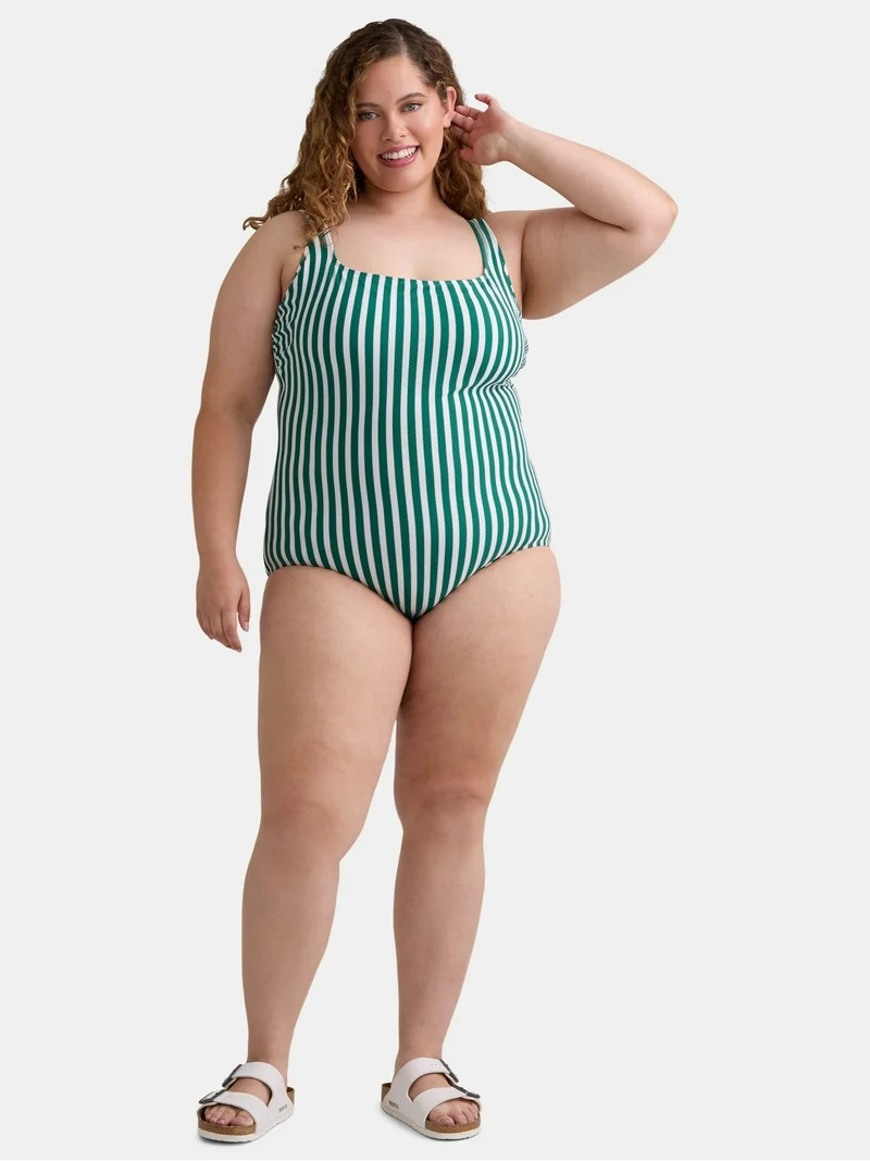 Time and Tru Women's and Women's Plus Pique Square Neck One Piece Swimsuit, Sizes XS-3X | Walmart (US)