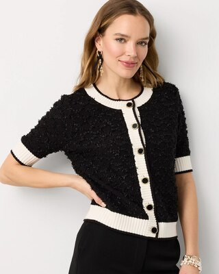 Women's Petite Boucl Elbow Sleeve Cardigan Sweater in Black/Ecru size XXS | White House Black Market | White House Black Market