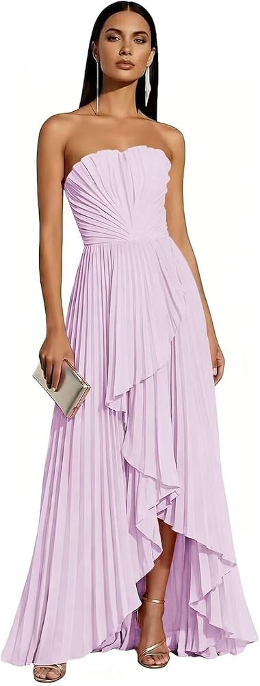 Strapless Bridesmaid Dresses for Women 2026 Pleated Satin Hi-Lo Formal Dress for Wedding Guest | Amazon (US)