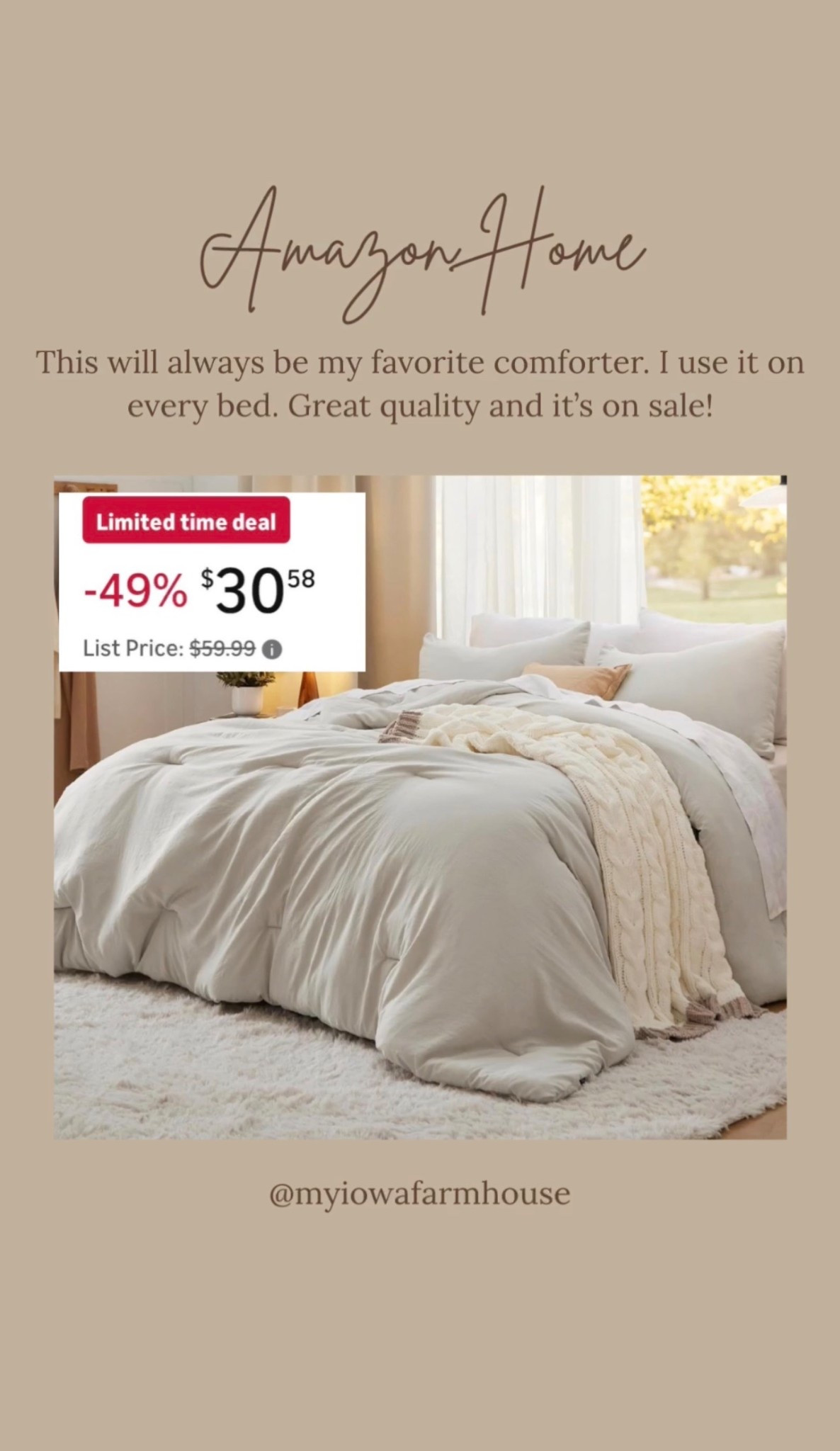 This is truly my favorite comforter. I seriously use this on every single bed in my home. It comes in several colors, but I love this neutral beige color. The quality is great and I love the material. It’s not too thick and not too thin. Perfect for year-round use. ￼

#LTKSaleAlert #LTKHome