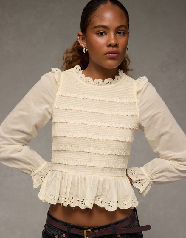 AE Long Sleeve Smocked Babydoll Blouse | American Eagle Outfitters (US & CA)