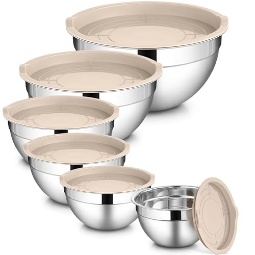 LIANYU 6 Piece Mixing Bowls with Lids Set, Size 7 & 3.5 & 2.5 & 2 & 1.5 & 1QT, Stainless Steel Cooking Serving Bowls, Metal Kitchen Nesting Bowl for Prepping & Food Storage, Dishwasher Safe, Khaki | Amazon (US)