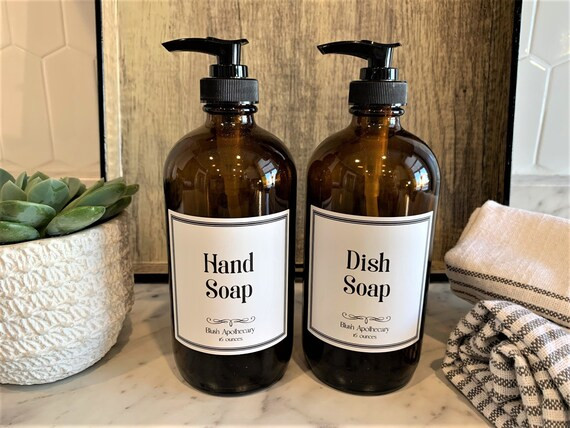 Amber Glass Soap Dispenser, Dish Soap & Hand Soap Bottle With Waterproof Label, Plastic or Design... | Etsy (US)