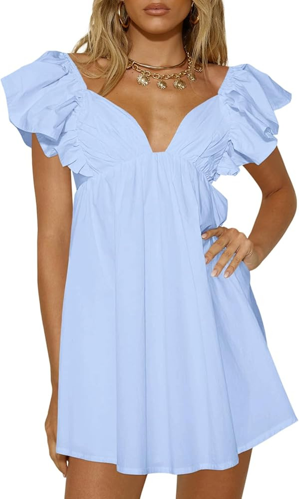 Teurkia Women's Summer Deep V Neck Dresses A Line Pleated Short Sleeve Backless Beach Dress | Amazon (US)