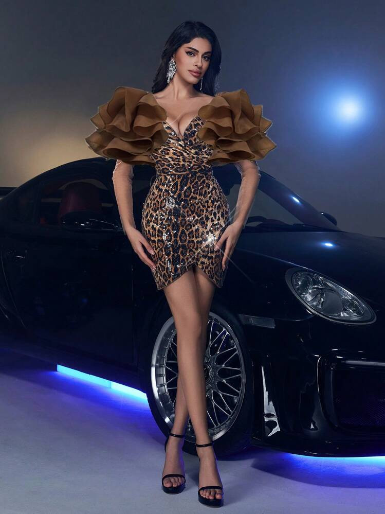 SHEIN Belle Elegant Champagne Glam Leopard Print Sequin & Mesh Splice V-Neck Dramatic Long Sleeve... | SHEIN