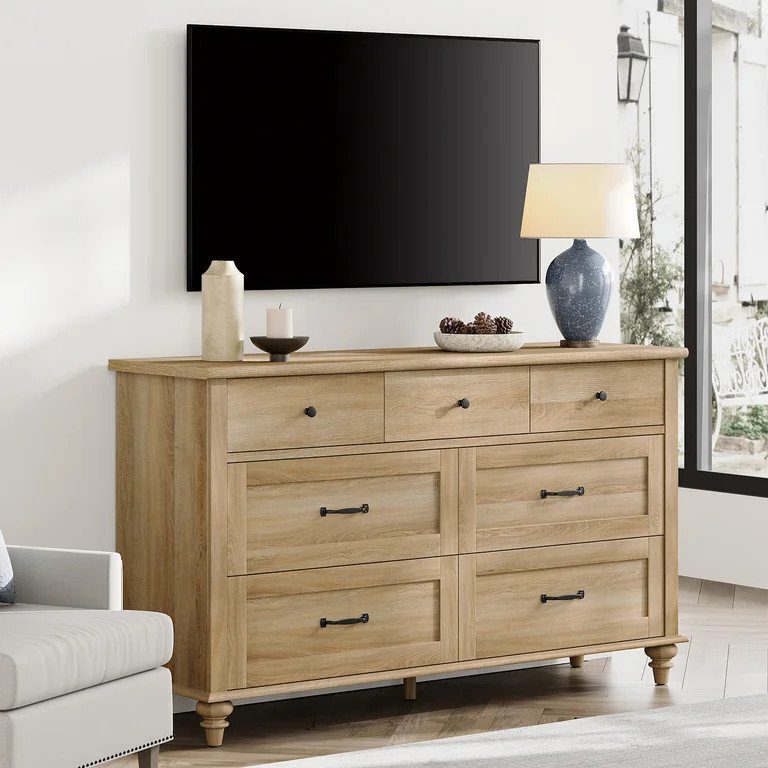 Oak 7 Drawer Dresser for Bedroom, Wooden Chest of Drawers for Living Room | Walmart (US)