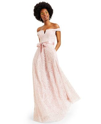 Teeze Me Juniors' Off-the-Shoulder Glitter-Mesh Gown, Created for Macy's & Reviews - Dresses - Ju... | Macys (US)