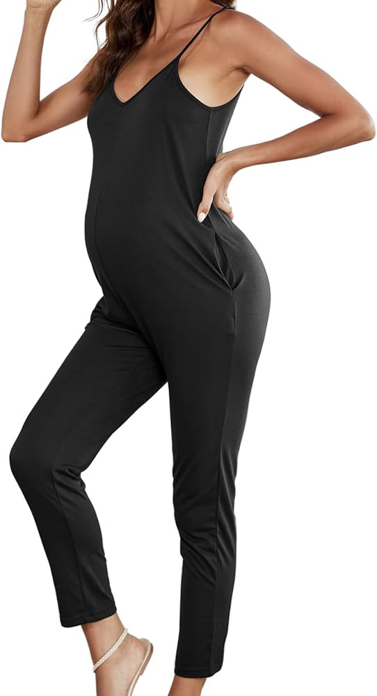 Coolmee Maternity Jumpsuit V Neck Sleeveless Pants Casual Adjustable Spaghetti Strap Tank Top Romper | Amazon (US)