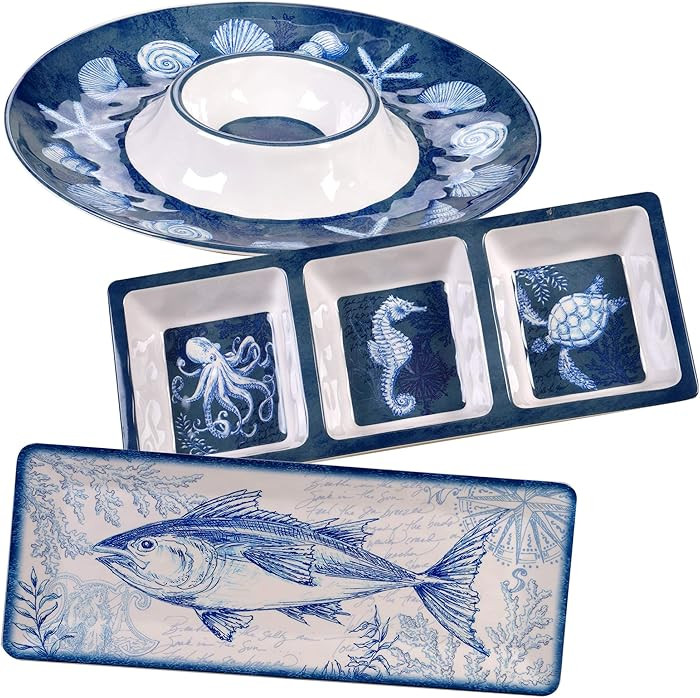 Oceanic 3-Piece Melamine Hostess Set – Includes Chip & Dip Server, 3-Section Relish Tray, and R... | Amazon (US)