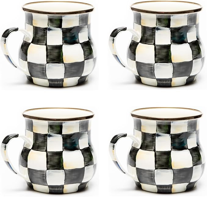 MACKENZIE-CHILDS Enamel Mug Set, Black-and-White Courtly Check | Hand-painted design, made from e... | Amazon (US)