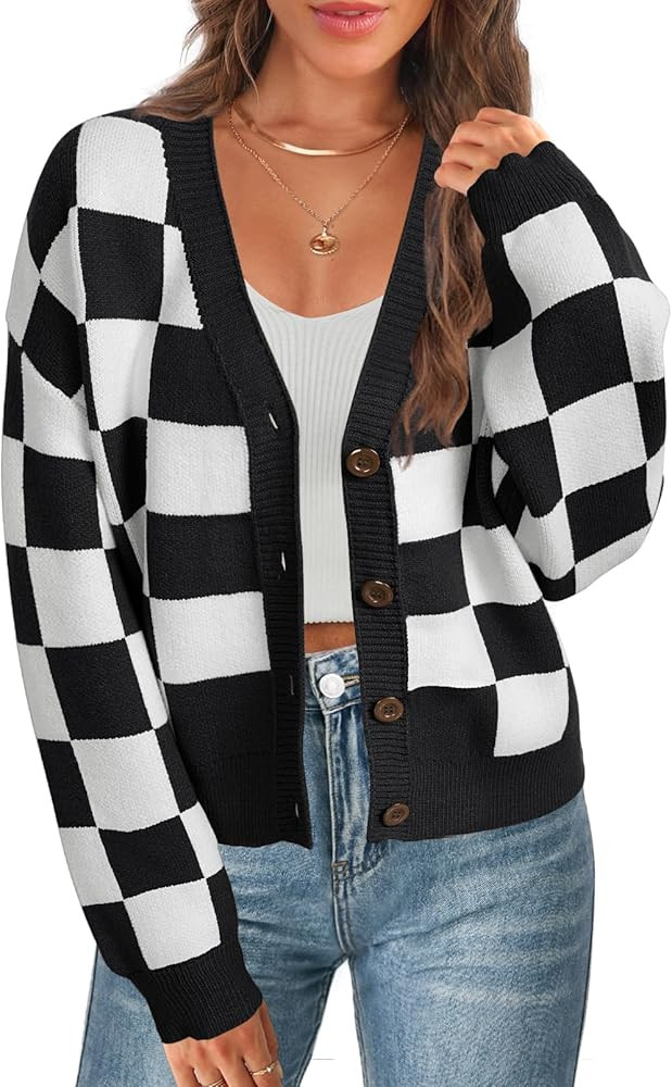 MEROKEETY Women's Cropped Cardigan Sweater Plaid Long Sleeve Button V Neck Open Front Knit Outerw... | Amazon (US)