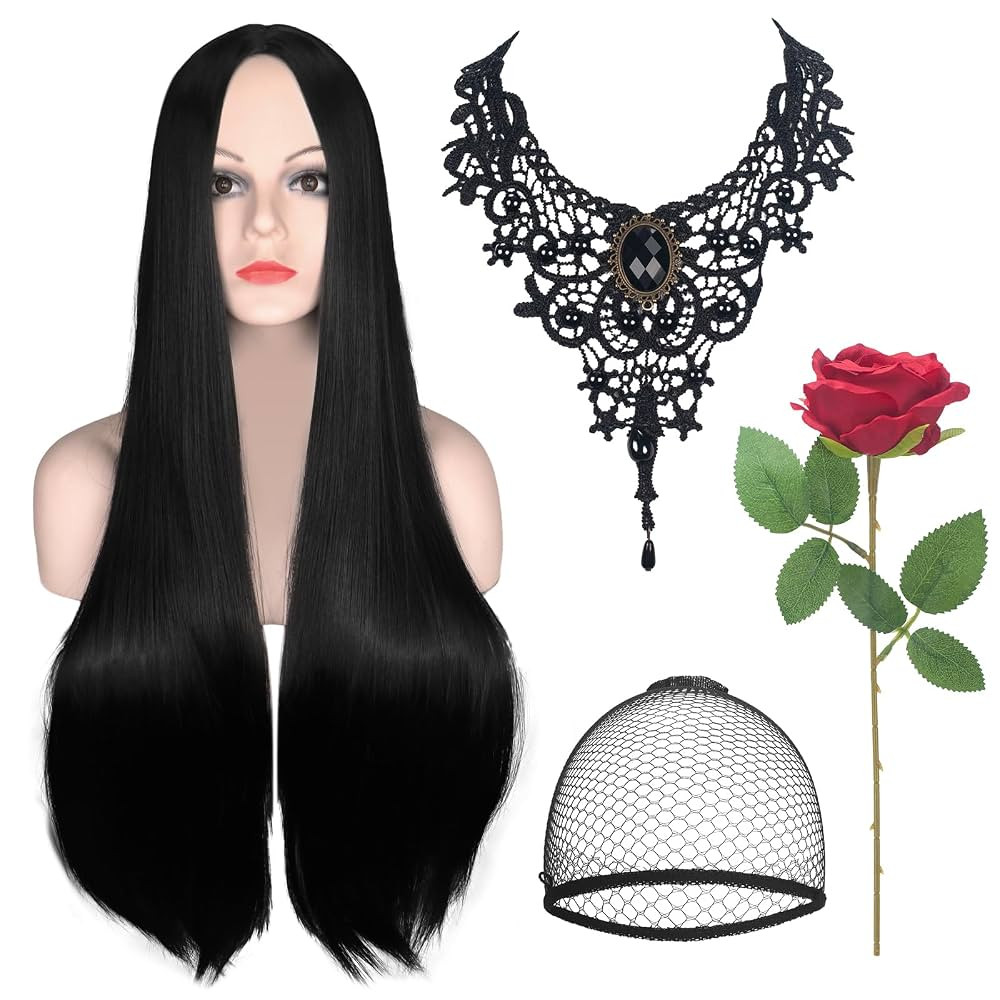 Long Black Wigs For Women, 28" Long Black Witch Wig for Morticia Costume, Middle Part Straight Co... | Amazon (US)