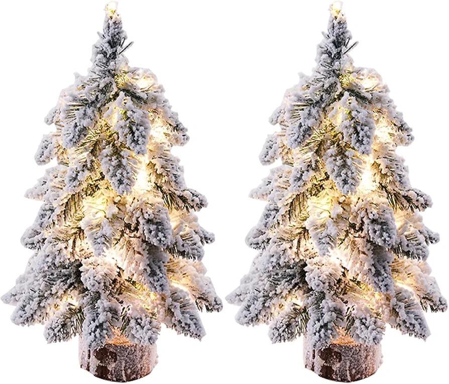 2Pcs Prelit Tabletop Christmas Tree, 18 Inch Snow Flocke Artificial Pine Xmas Tree with Lights, D... | Amazon (US)